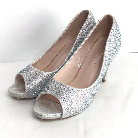 Silver Jeweled Chunky Heels Size 6.5 Wedding Bridal Bling De Blossom Fay 3 - Picture 1 of 8